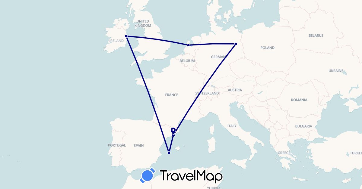 TravelMap itinerary: driving in Germany, Spain, Ireland, Netherlands (Europe)